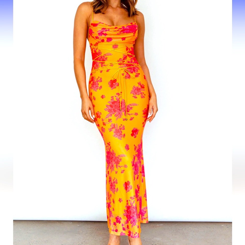 Selfie Leslie NWT orange and hot pink floral maxi dress XS BRAND NEW NEVER WORN
